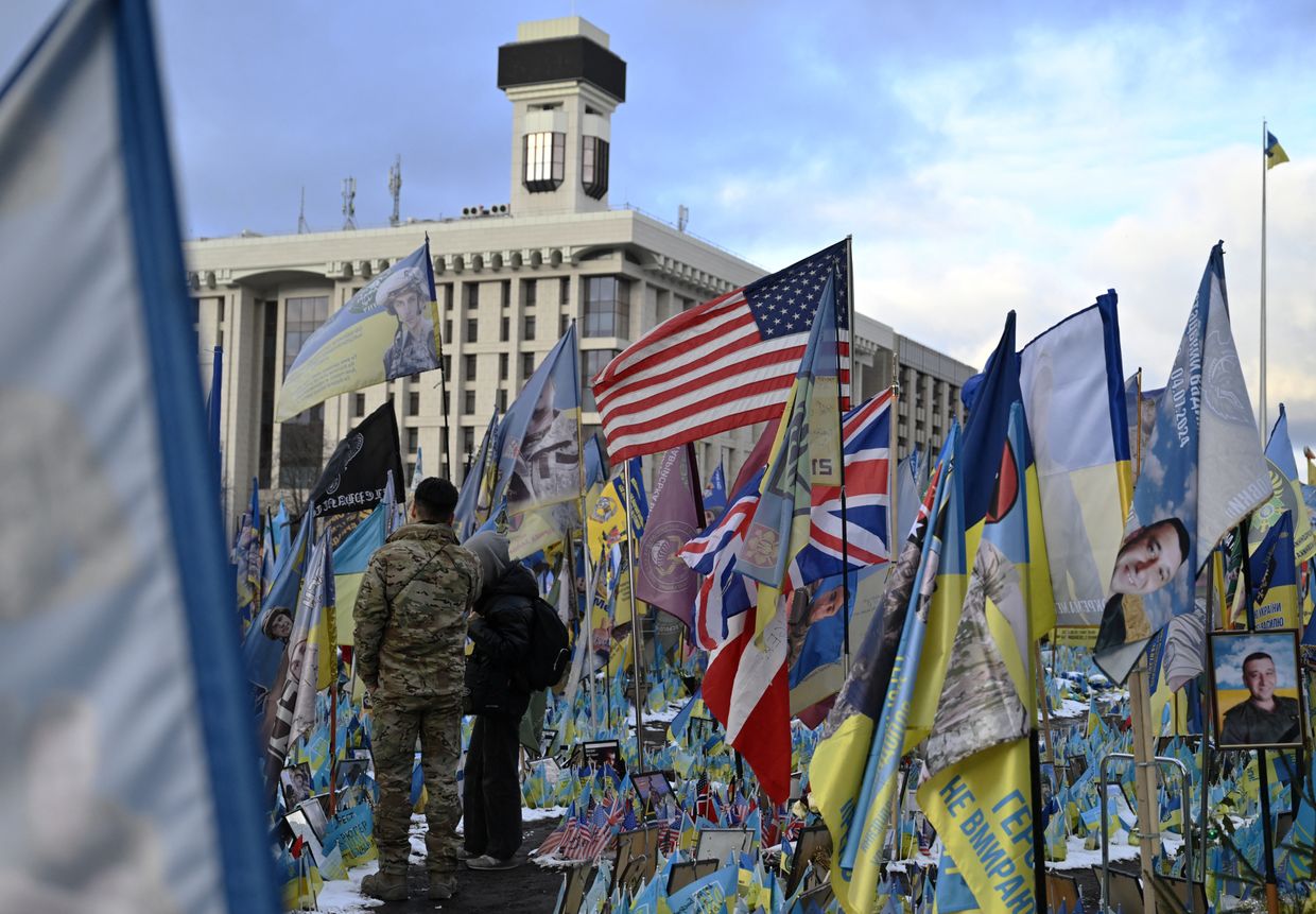 American, British, Danish, and Ukrainian flags at a memorial for fallen soldiers in Kyiv, Ukraine, on Feb. 5, 2025.