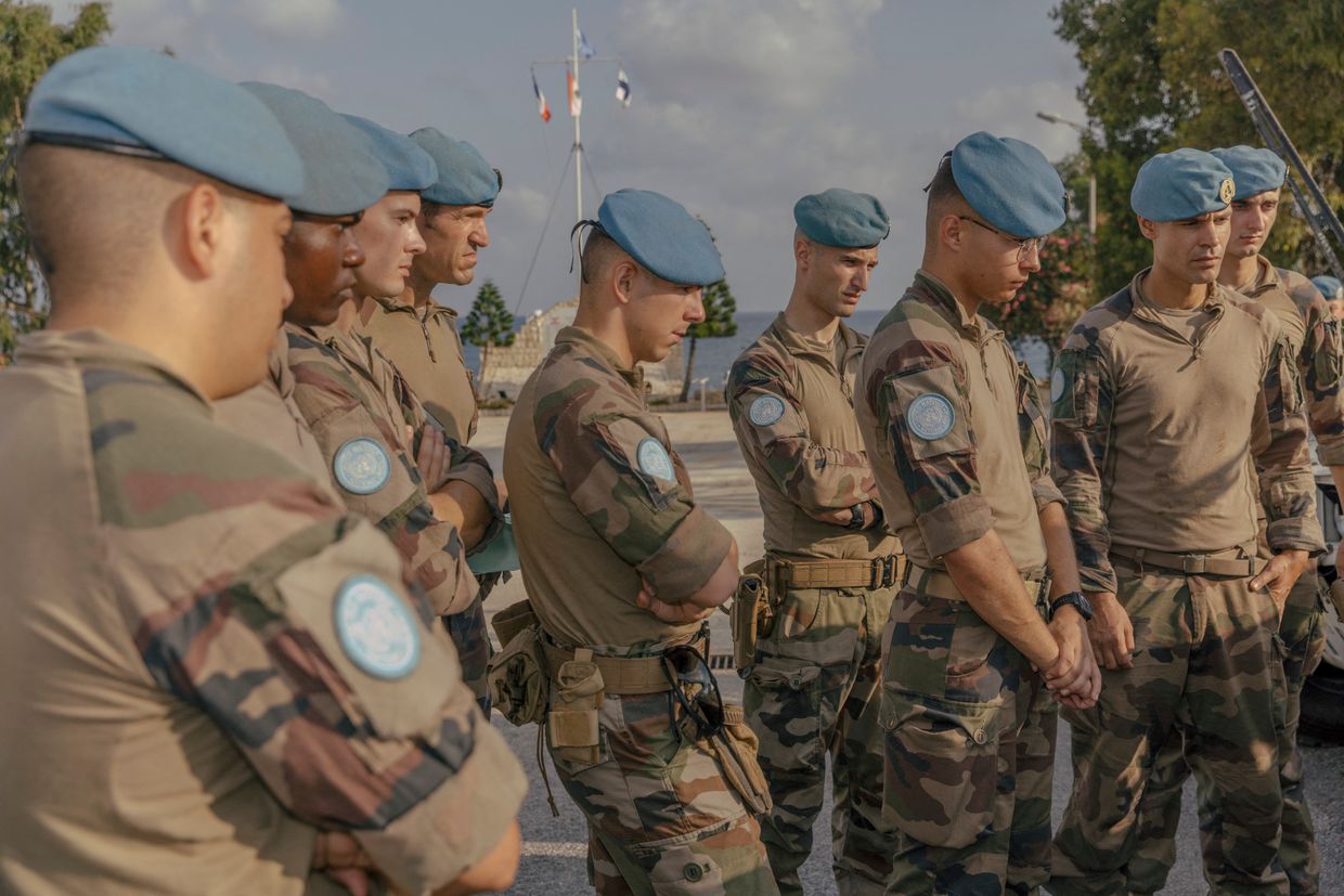 French UNIFIL officers gather for a morning assembly at their base in Naqoura, Lebanon, on July 24, 2024. (