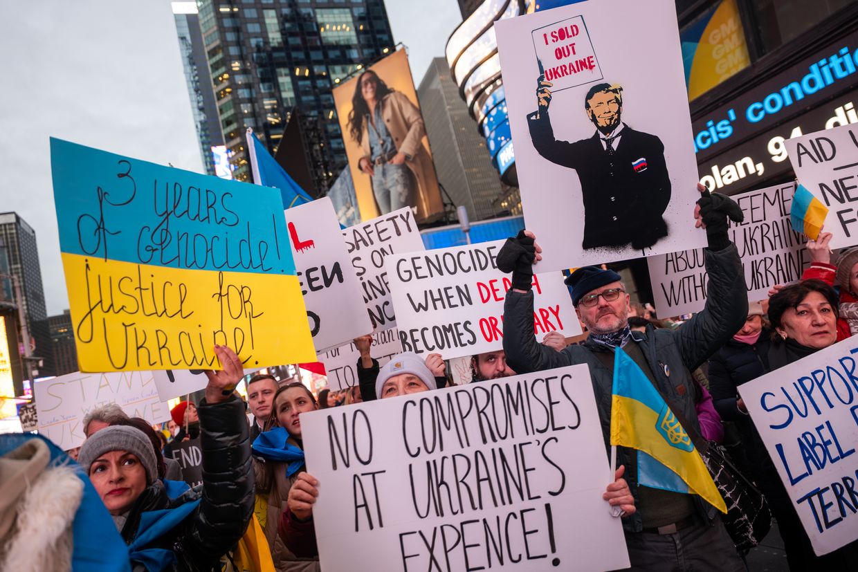 Supporters of Ukraine rally in Times Square in New York City on Feb. 24, 2025, marking the third anniversary of Russia's invasion. On the same day, the U.S. aligned with Russia in voting against a UN resolution urging Russia to withdraw from Ukraine. 