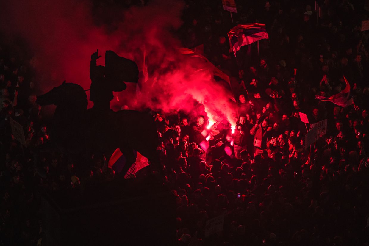 People gather during a demonstration in Nis, Serbia, on March 1, 2025, during a national rally organized by students over corruption.