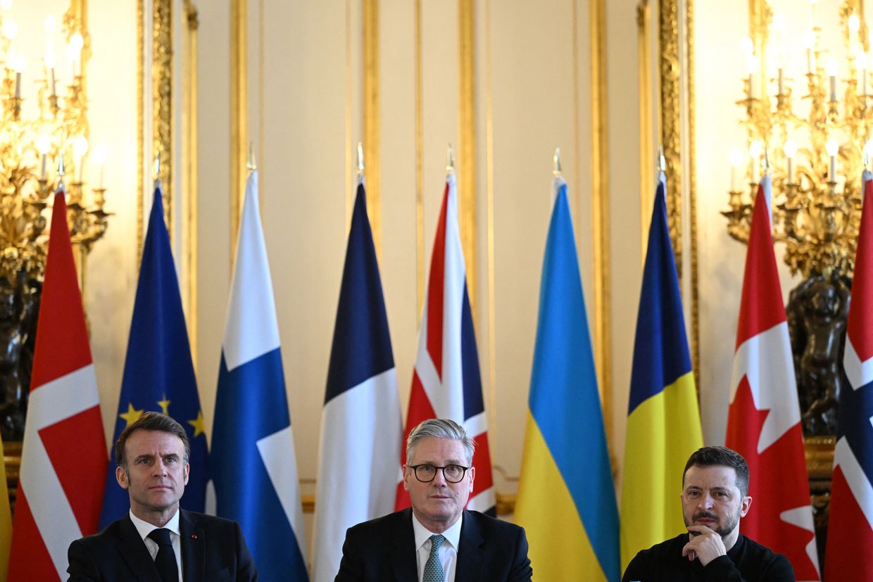 French President Emmanuel Macron, British Prime Minister Keir Starmer, and President Volodymyr Zelensky meet at Lancaster House in London on March 2, 2025. 