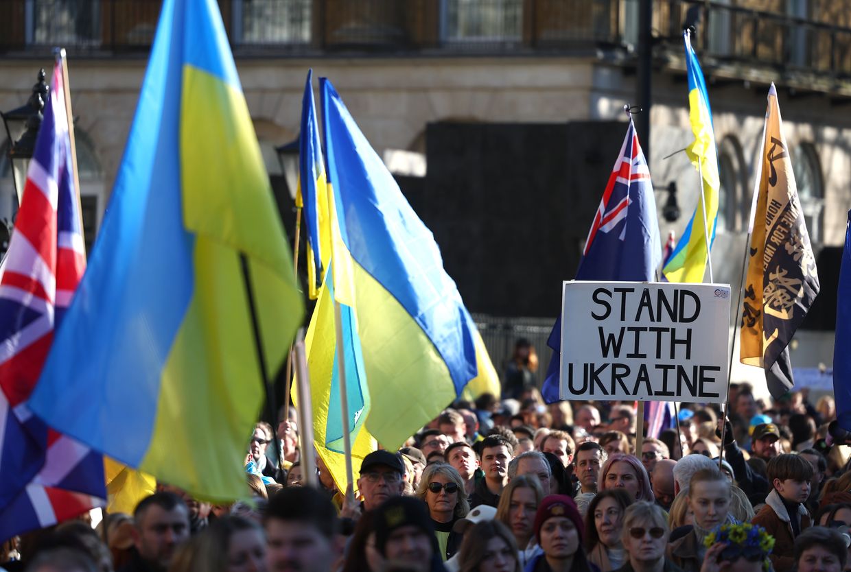 Demonstrators attend a rally in support of Ukraine opposite Downing Street in London, England, on March 2, 2025. 