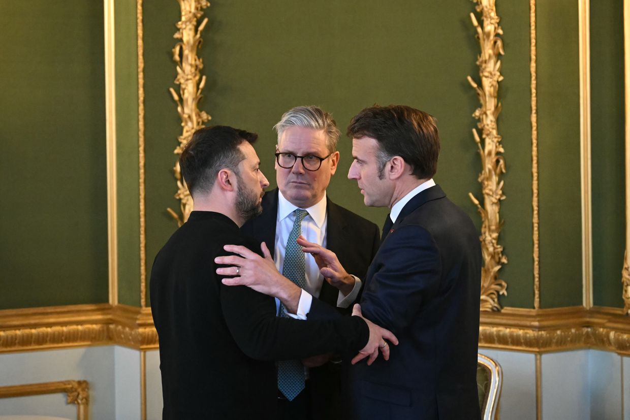 President Volodymyr Zelensky, Starmer, and Macron meet during a summit at Lancaster House in London, England, on March 2, 2025. 