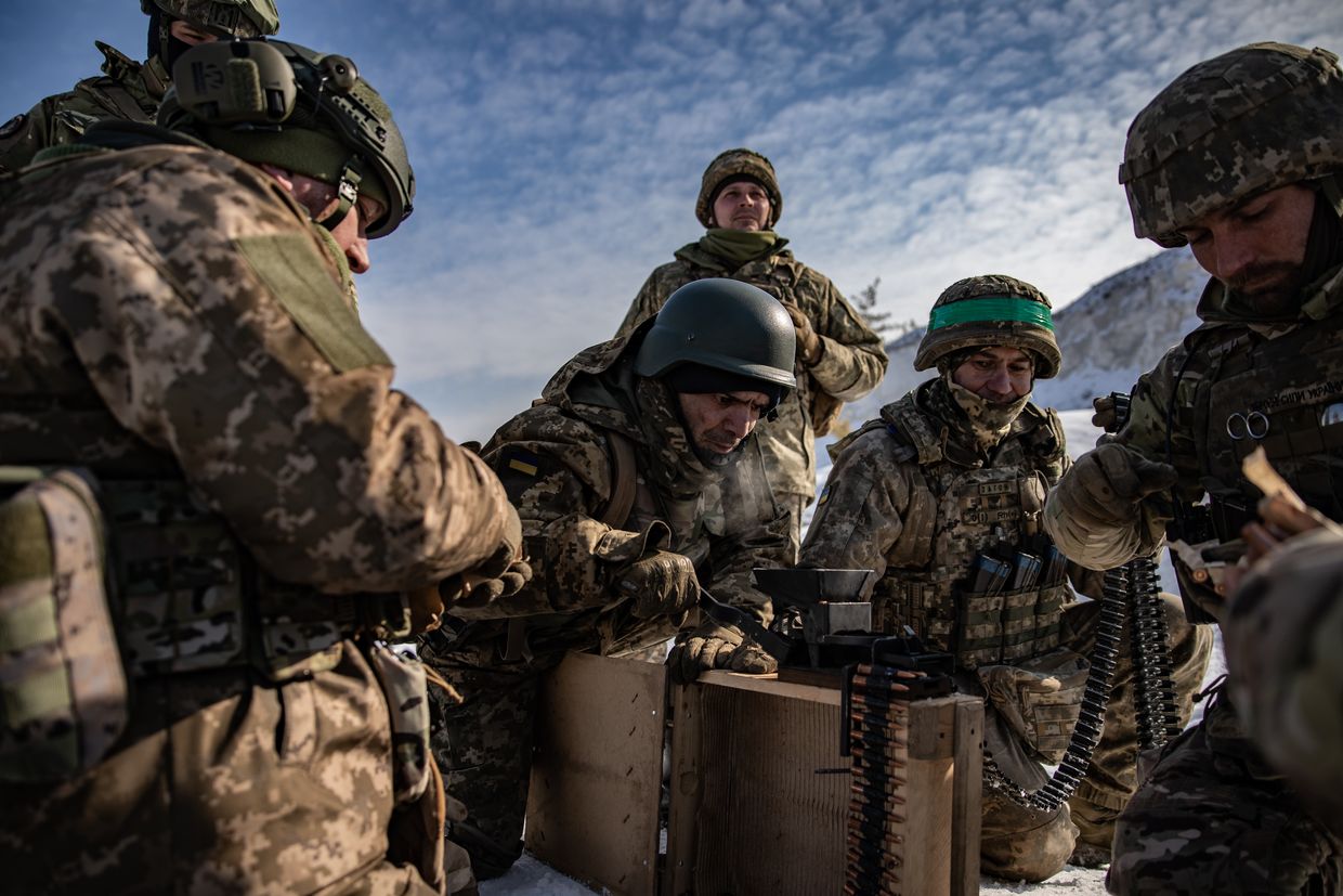 Ukrainian soldiers practice firing PKM machine gun in Donetsk Oblast, Ukraine, on Feb. 24, 2025.