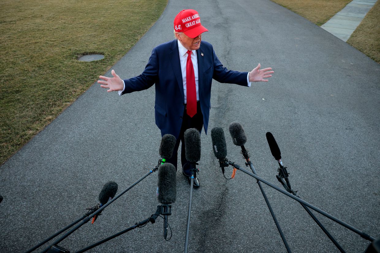 U.S. President Donald Trump speaks as he departs the White House in Washington, DC, U.S. on Feb. 28, 2025. 