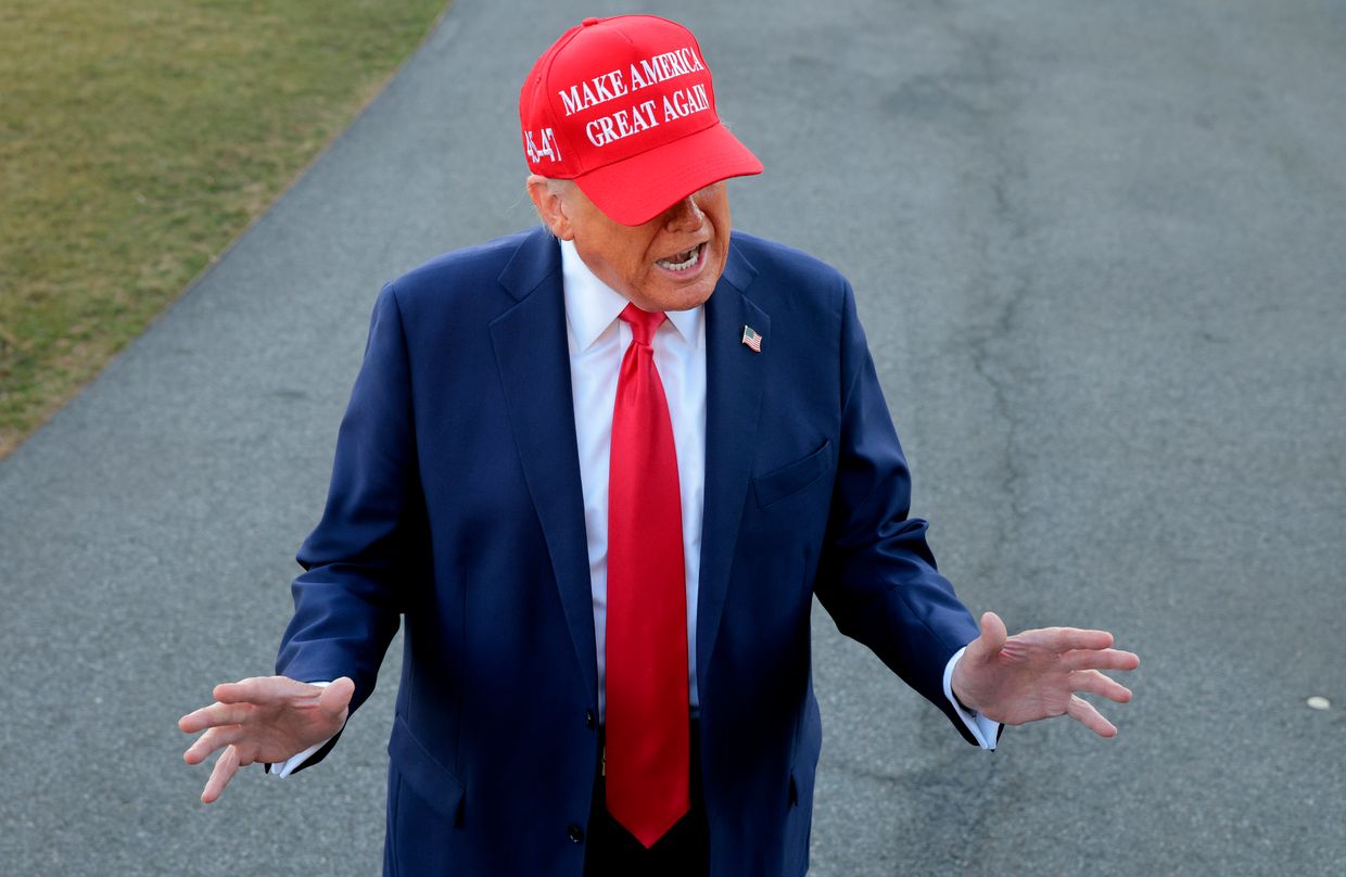 U.S. President Donald Trump speaks as he departs the White House in Washington, DC, on Feb. 28, 2025. 