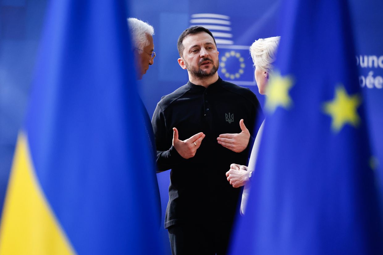 Antonio Costa, Volodymyr Zelenskyy, Ursula von der Leyen in Brussels, Belgium, on March 6, 2025.