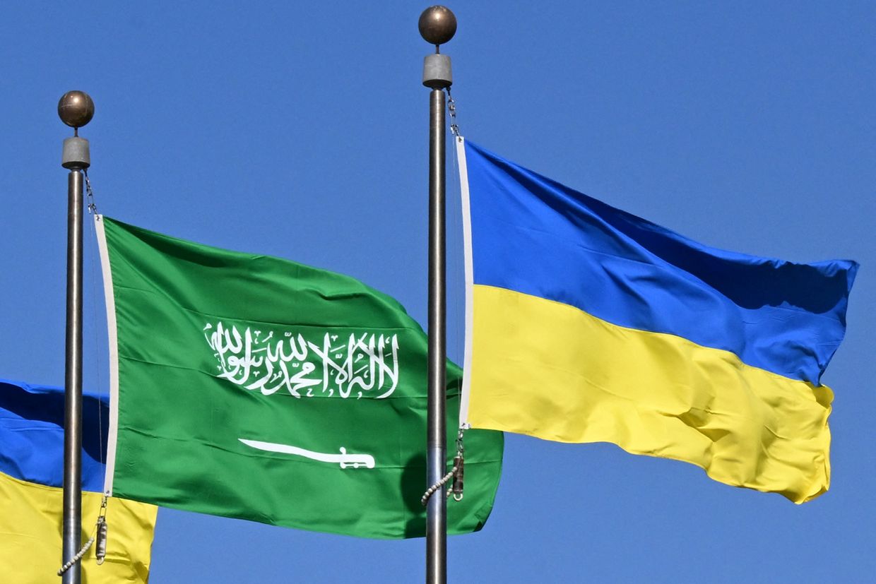 Flags of Saudi Arabia and Ukraine in the Saudi Red Sea port city of Jeddah on March 10, 2025. 