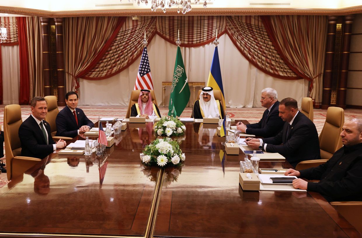 U.S. and Ukrainian officials attend a meeting hosted by Saudi Arabia in Jeddah, Saudi Arabia, on March 11, 2025. 