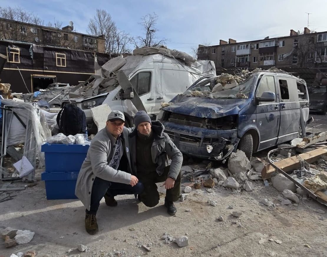 Karol Swiacki (L) in Kryvyi Rih, Ukraine, on March 6, 2025.