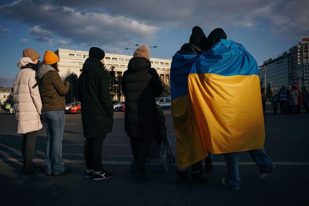 Ukrainians and Romanians take part in a solidarity rally for Ukraine in Bucharest, Romania, on March 19, 2022.