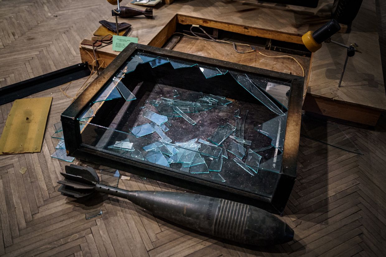 Broken glass case in looted Kherson Regional Museum amid Russian invasion, in Kherson, Ukraine, on Dec. 22, 2022.