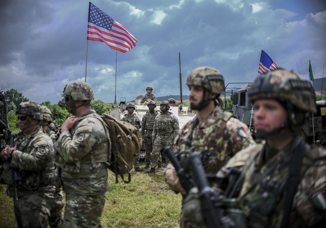 Military personnel take part in the “Defense Shield 23” multinational battle group exercises in Novo Selo, Bulgaria, on May 29, 2023.