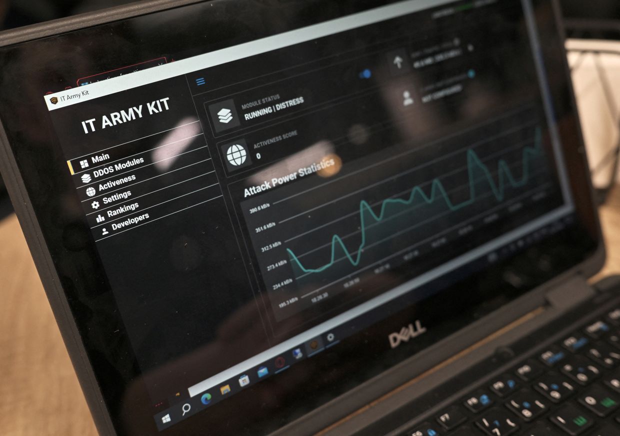 A laptop screen displays the IT Army of Ukraine’s webpage in Kyiv, Ukraine, on Feb. 26, 2024