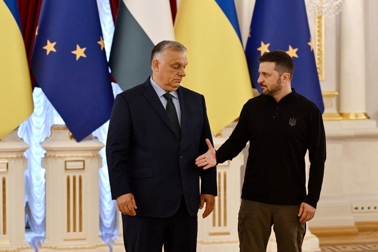 President Volodymyr Zelensky shakes hands with Hungarian Prime Minister Viktor Orban in Kyiv, Ukraine, on July 2, 2024