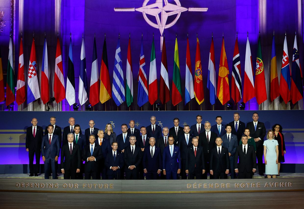 Heads of state pose for a group photo during the NATO 75th anniversary celebratory event at the Andrew Mellon Auditorium in Washington, DC, U.S. on July 9, 2024. 