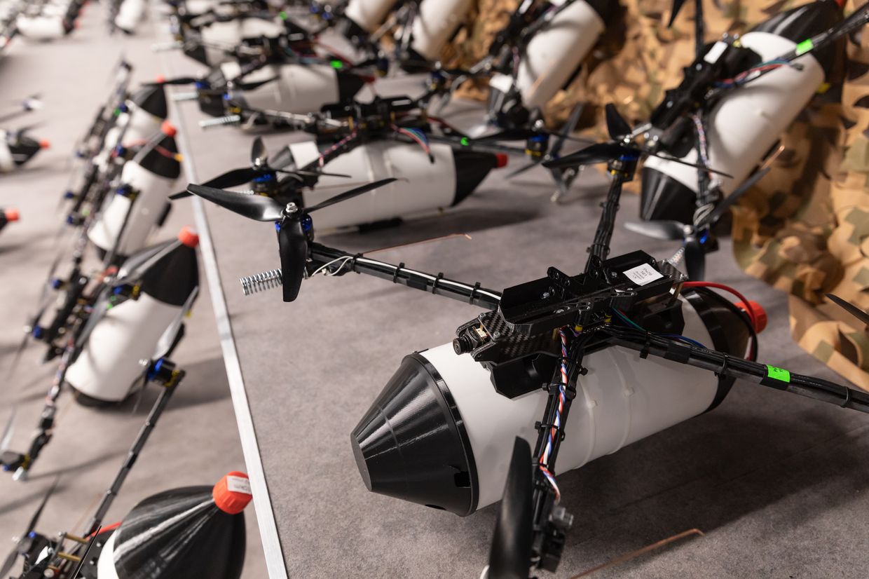 A batch of fiber-optic-controlled FPV drones in Kyiv, Ukraine, on April 1, 2025. 