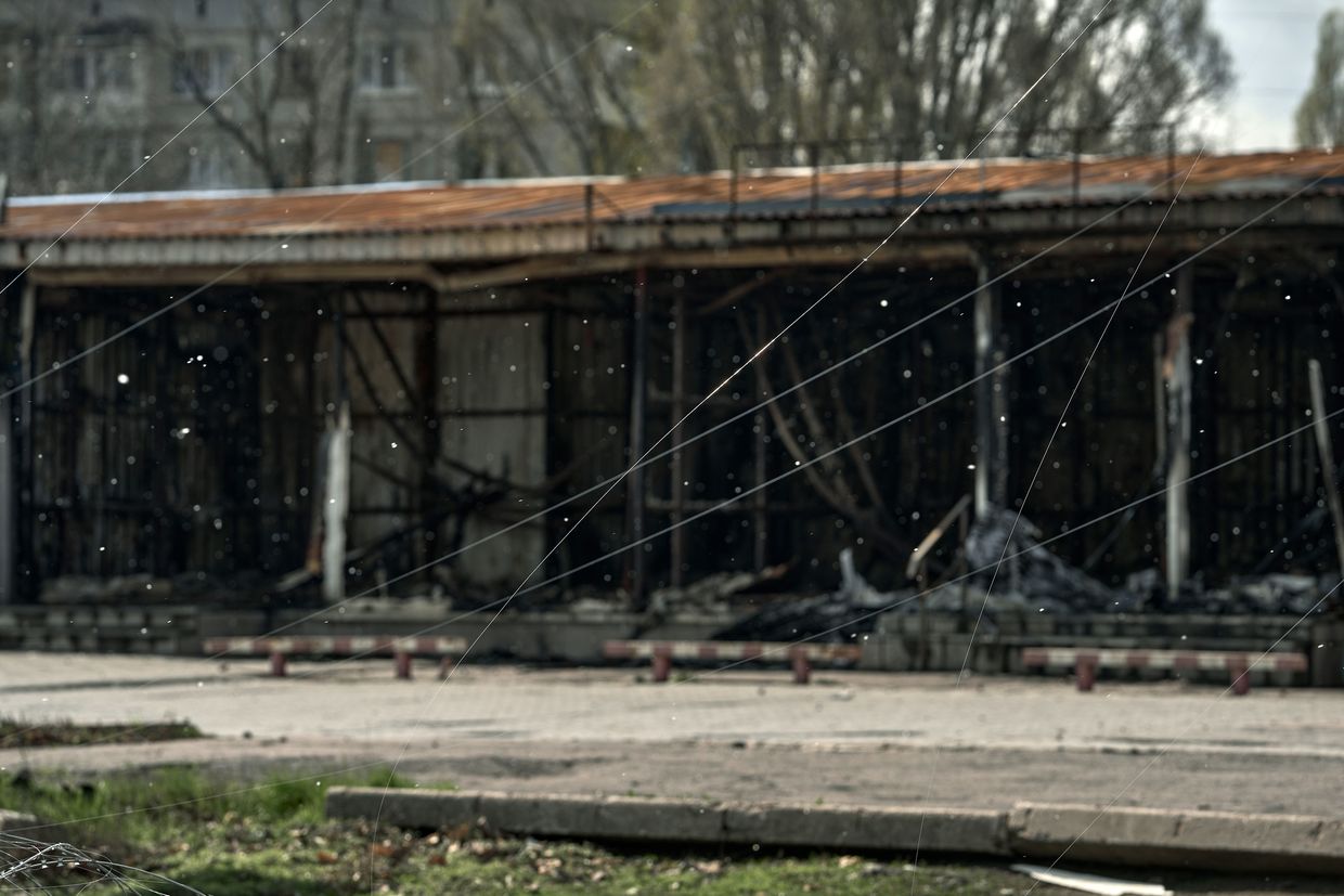 Threads from FPV drones controlled by fiber optics are seen in Pokrovsk, Ukraine, on April 8, 2025.