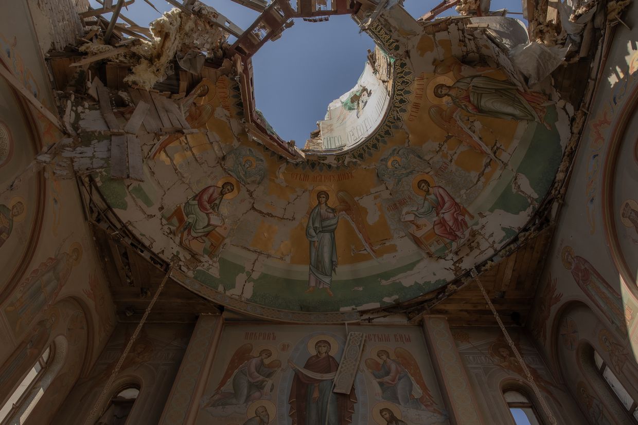 The interior of a church damaged by shelling is seen in Kostyantynivka, Donetsk Oblast, Ukraine, on April 18, 2025. 