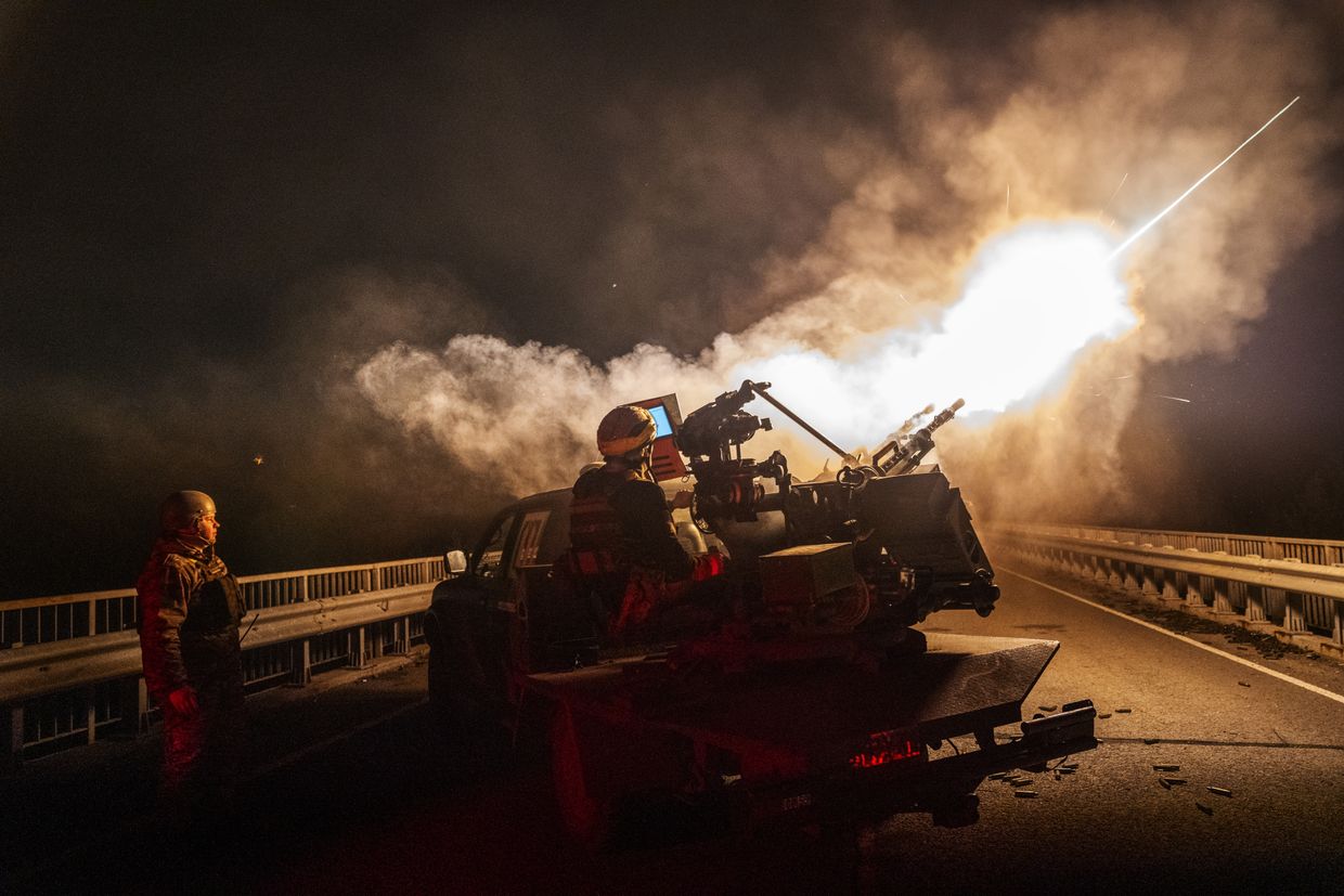 Soldiers of the 115th Brigade air defense unit fire at drones in the Lyman area, Ukraine, on April 24, 2025. 