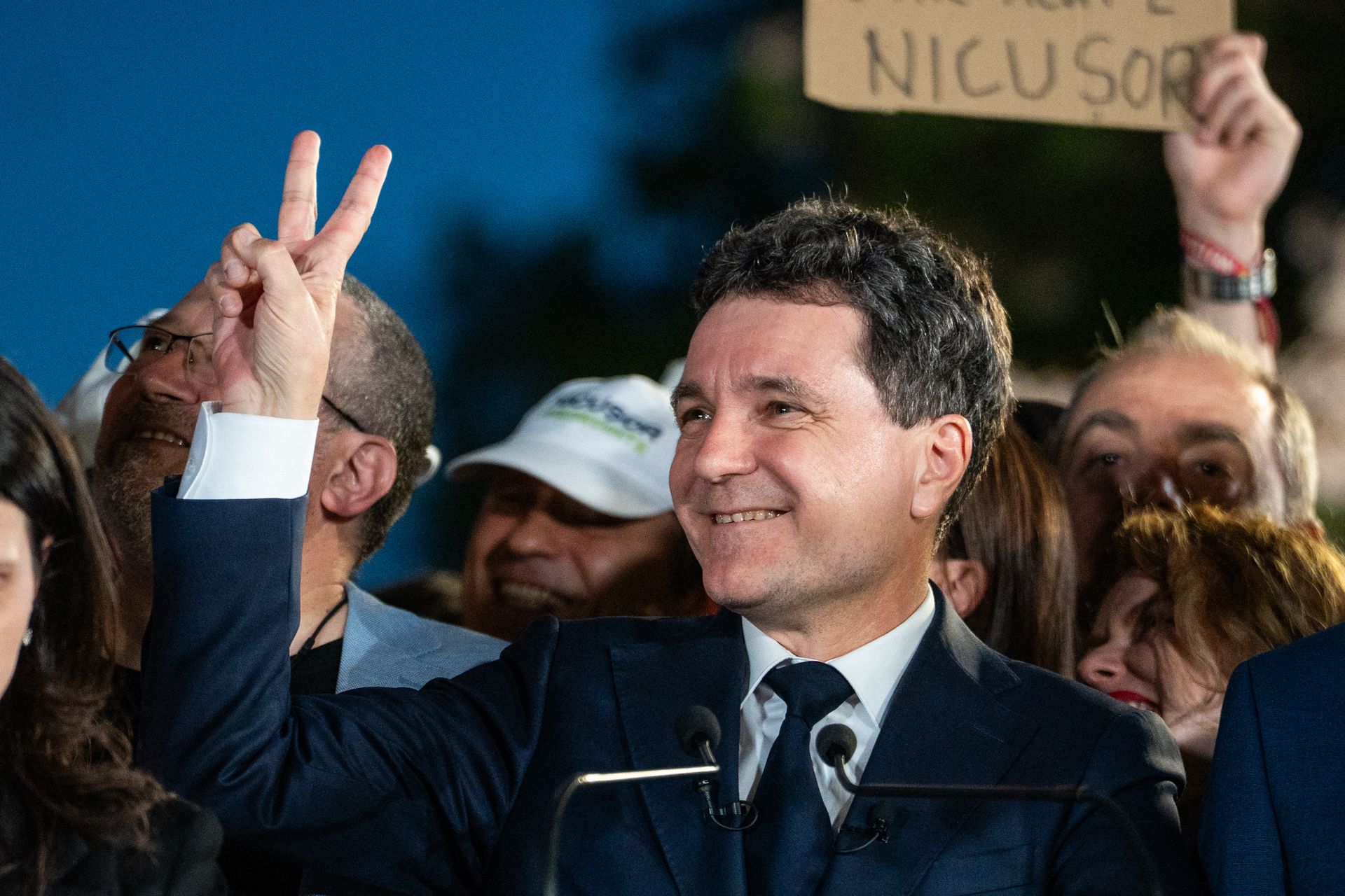 Romanian presidential candidate Nicușor Dan after exit poll results are announced in Bucharest, Romania, on May 4, 2025.