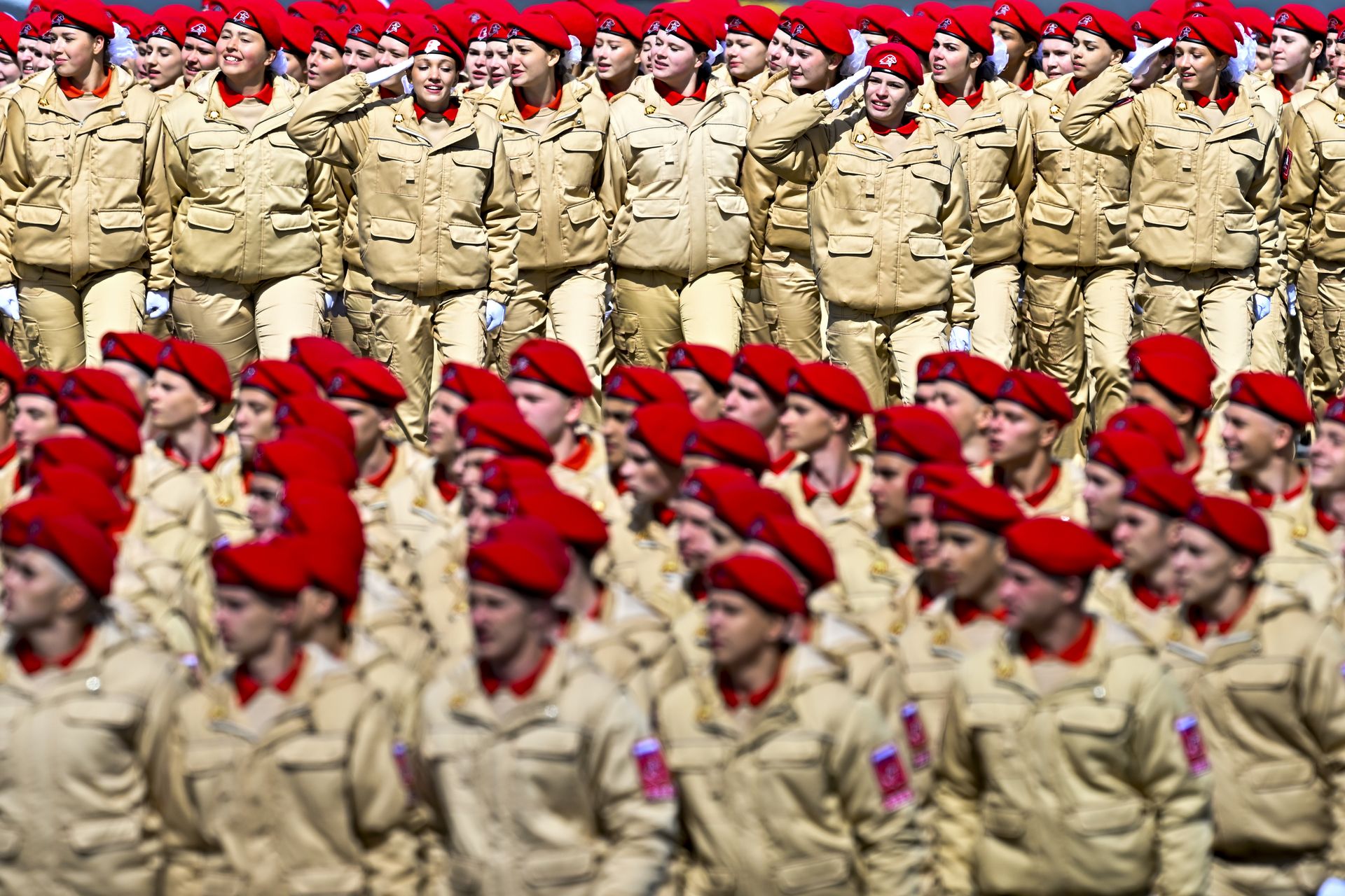 Russian troops march toward Red Square during the 80th anniversary celebrations of Victory Day in Moscow, Russia, on May 9, 2025.