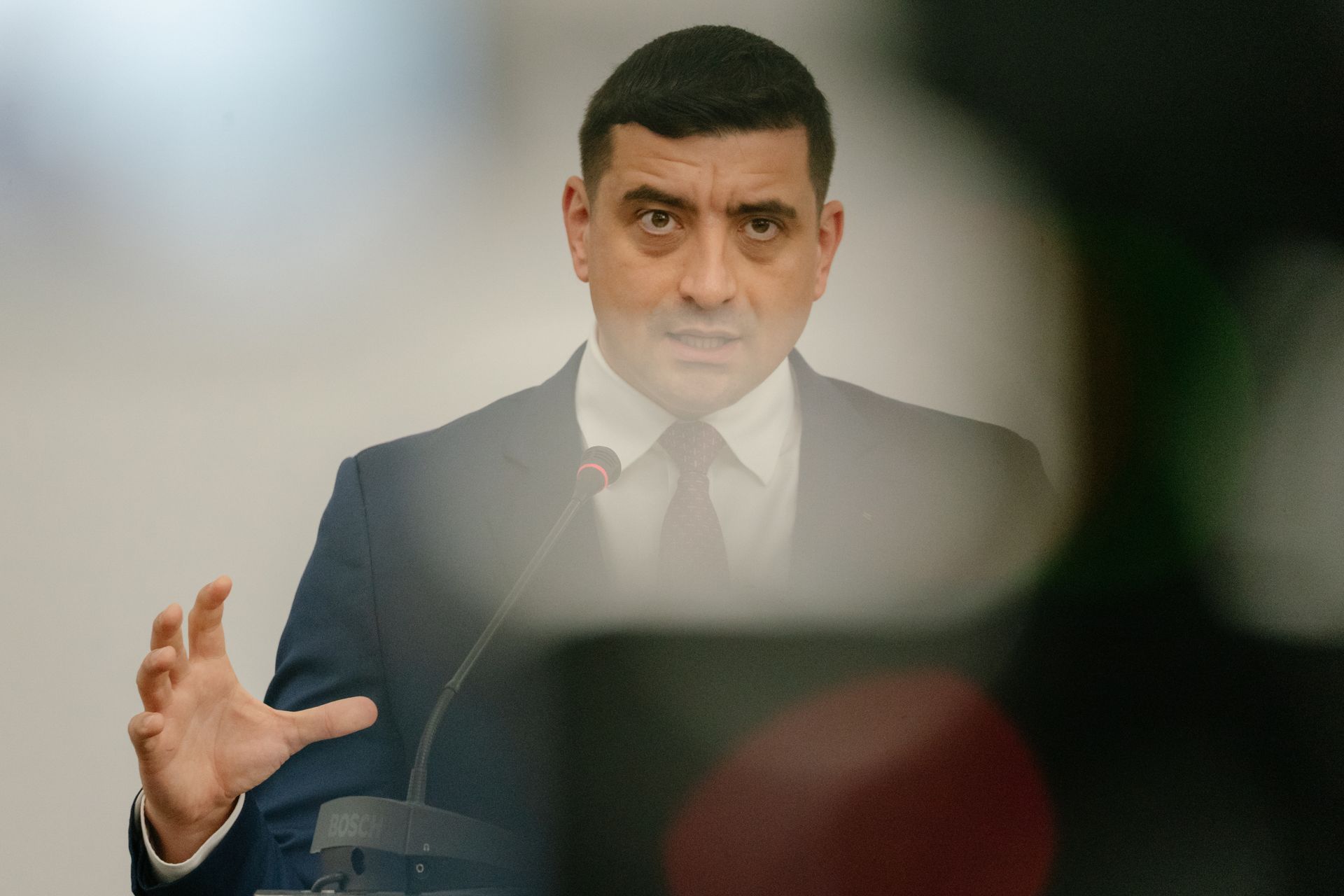 Presidential candidate George Simion takes part in a talk organized by the Romanian Chamber of Commerce in Bucharest, Romania, on May 13, 2025.