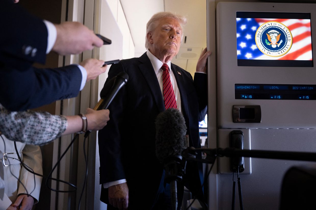 U.S. President Donald Trump aboard Air Force One en route to Qatar over Saudi Arabia on May 14, 2025.