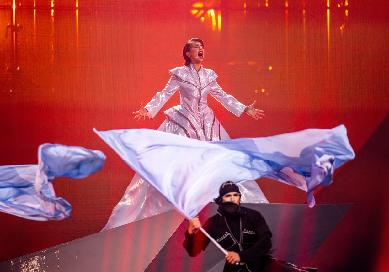 Mariam Shengelia of Georgia performs her song “Freedom” during a rehearsal for the semi-final of the 69th Eurovision Song Contest in Basel, Switzerland, on May 14, 2025.