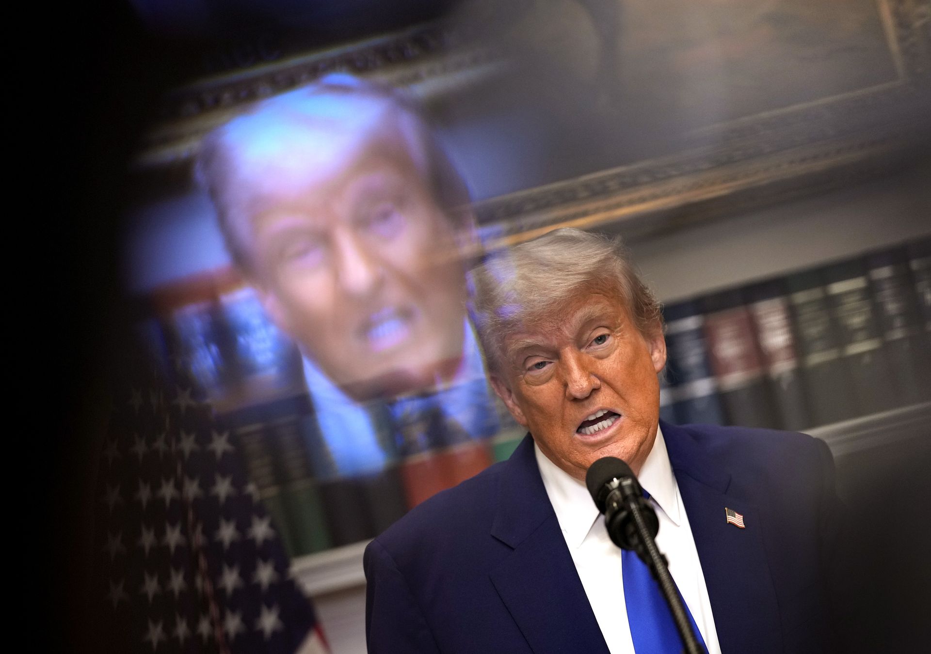 U.S. President Donald Trump speaks during a press conference in the Roosevelt Room of the White House in Washington, DC, on May 12, 2025.