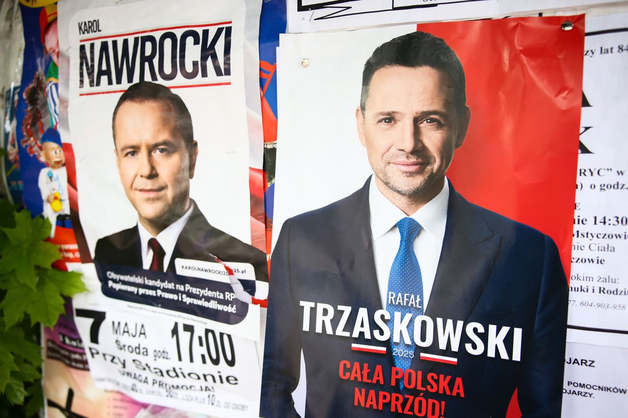 Campaign posters of Rafal Trzaskowski and Karol Nawrocki are seen in Sedziszow, Poland, on May 16, 2025