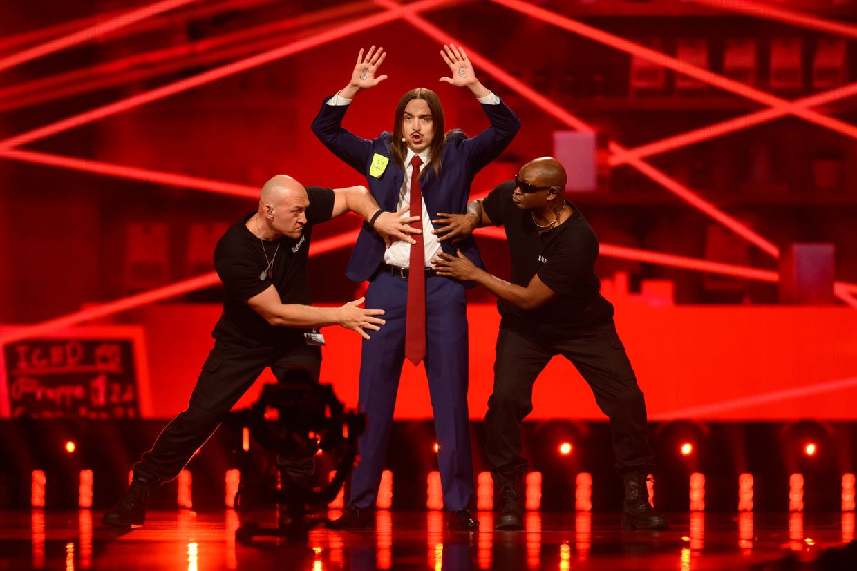 Tommy Cash, representing Estonia, performs during a rehearsal ahead of the semi-final of the 69th Eurovision Song Contest in Basel, Switzerland, on May 13, 2025.
