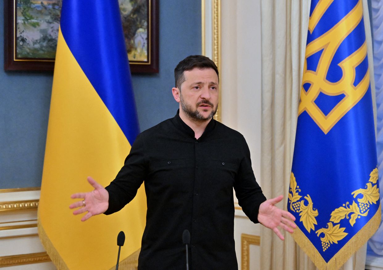 President Volodymyr Zelensky speaks to the media during a press briefing in Kyiv, Ukraine, on May 19, 2025,