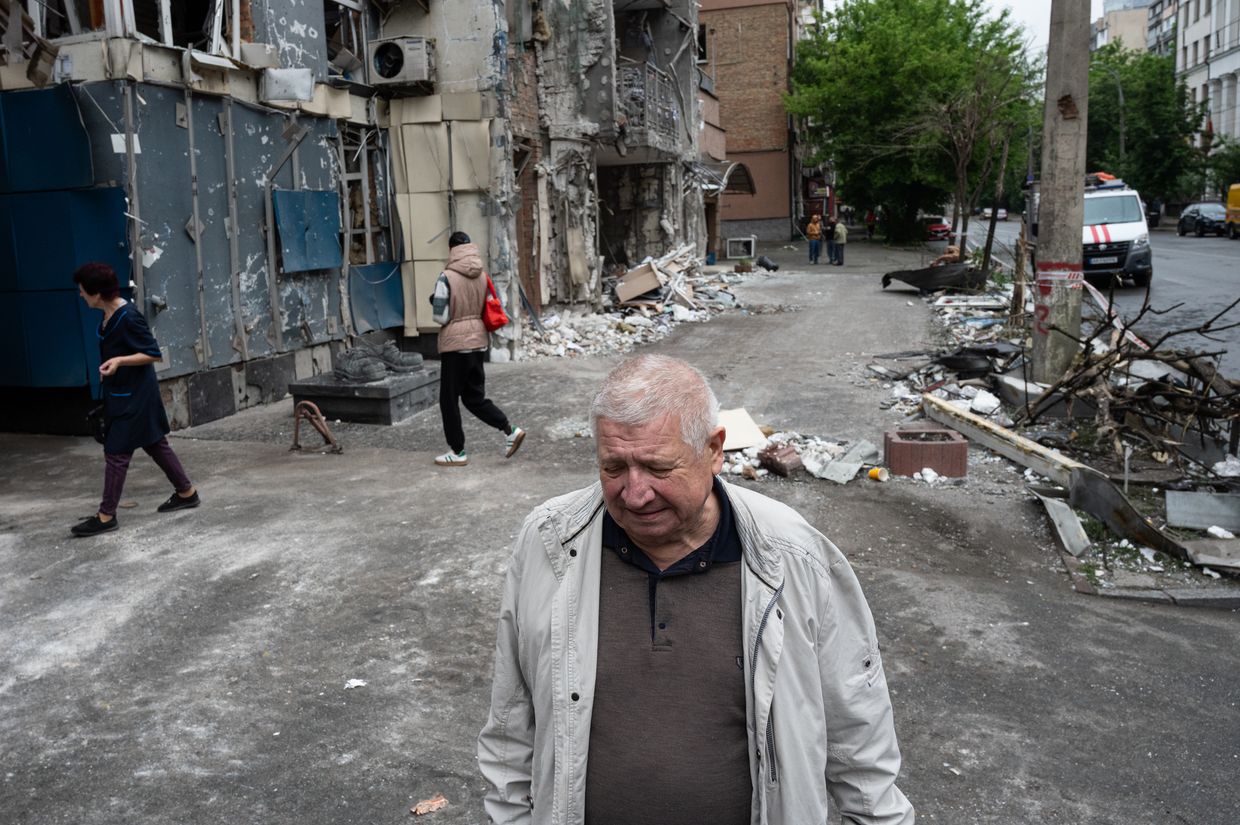 A damaged building is seen after a Russian attack in Kyiv, Ukraine, on May 25, 2025.
