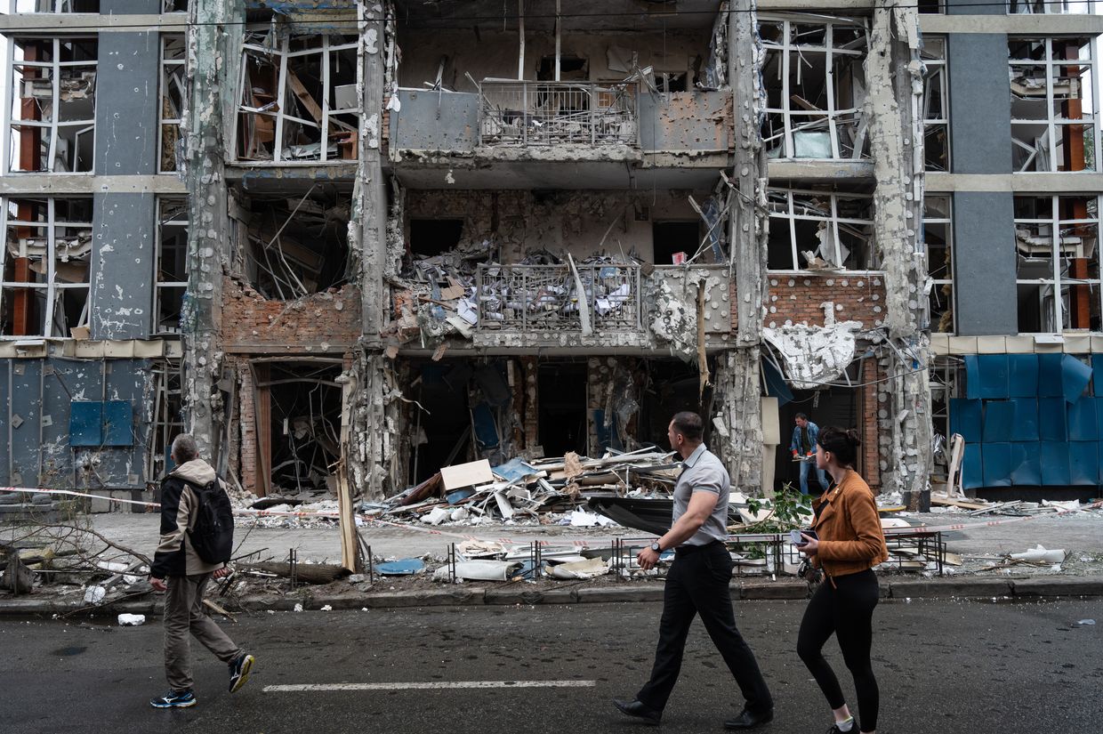 A damaged building is seen after a Russian attack in Kyiv, Ukraine, on May 25, 2025. 