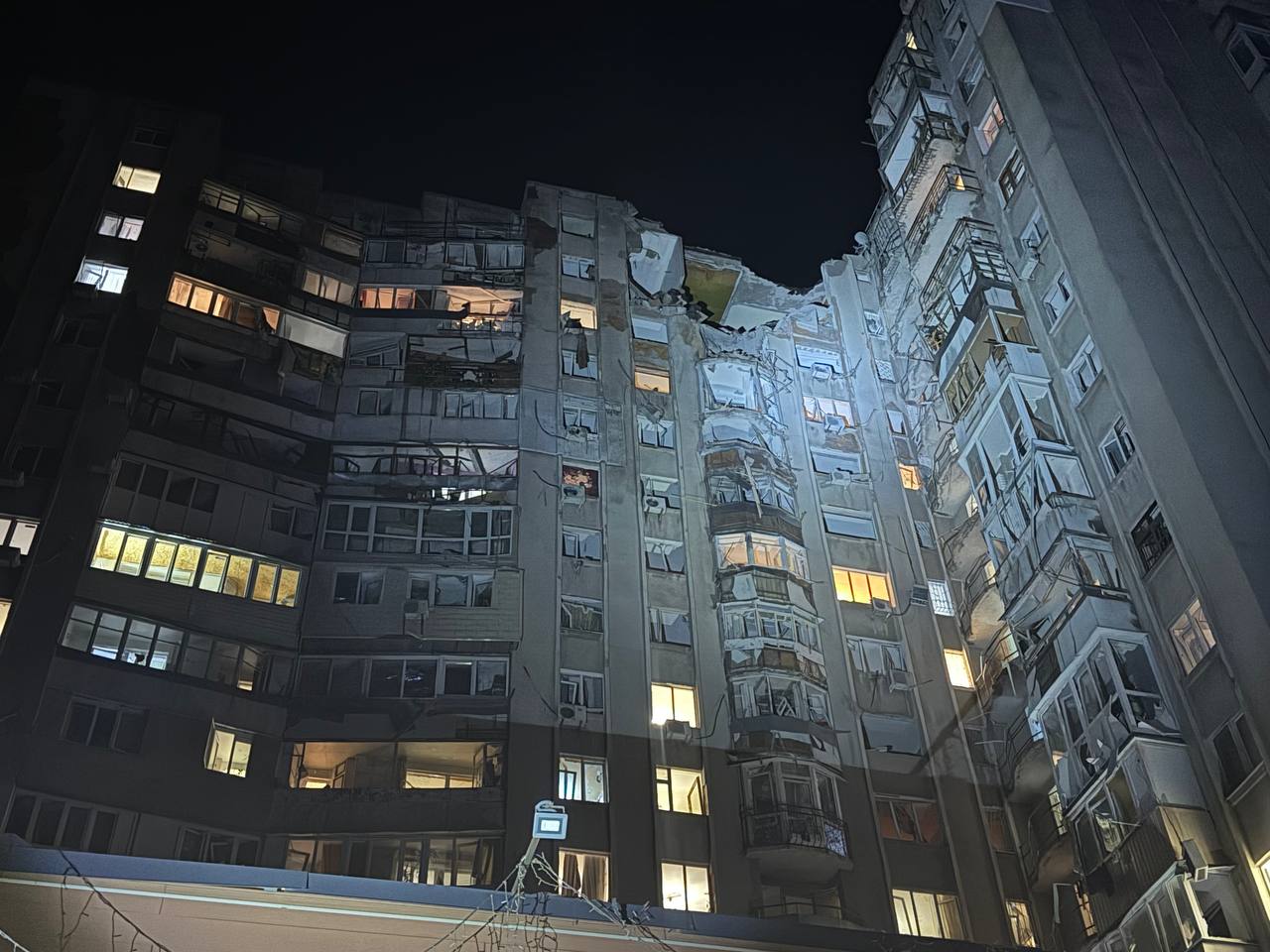A residential building damaged by a Russian drone attack overnight on May 1, 2025. (Oleh Kiper/Telegram)