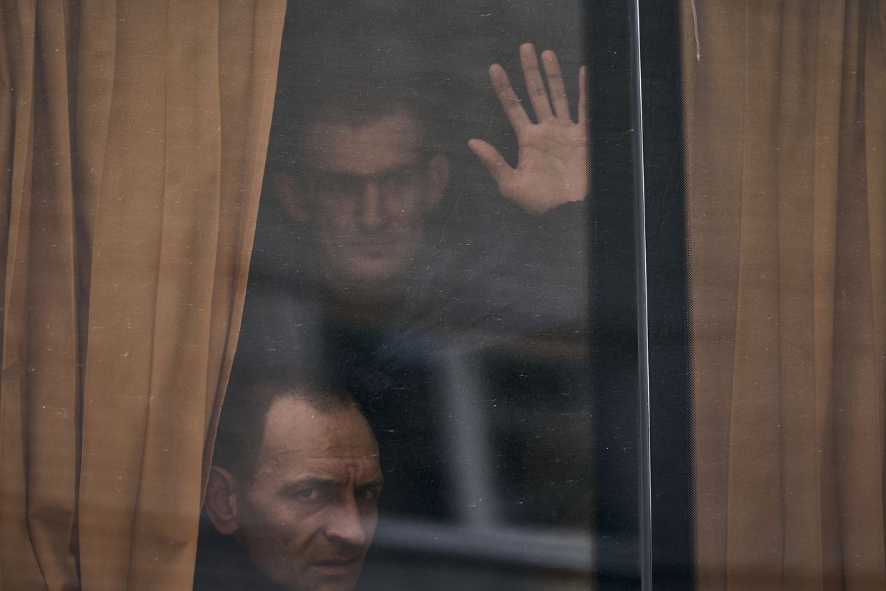 Ukrainian soldiers return from Russian captivity in Chernihiv, Ukraine, on June 12, 2025.