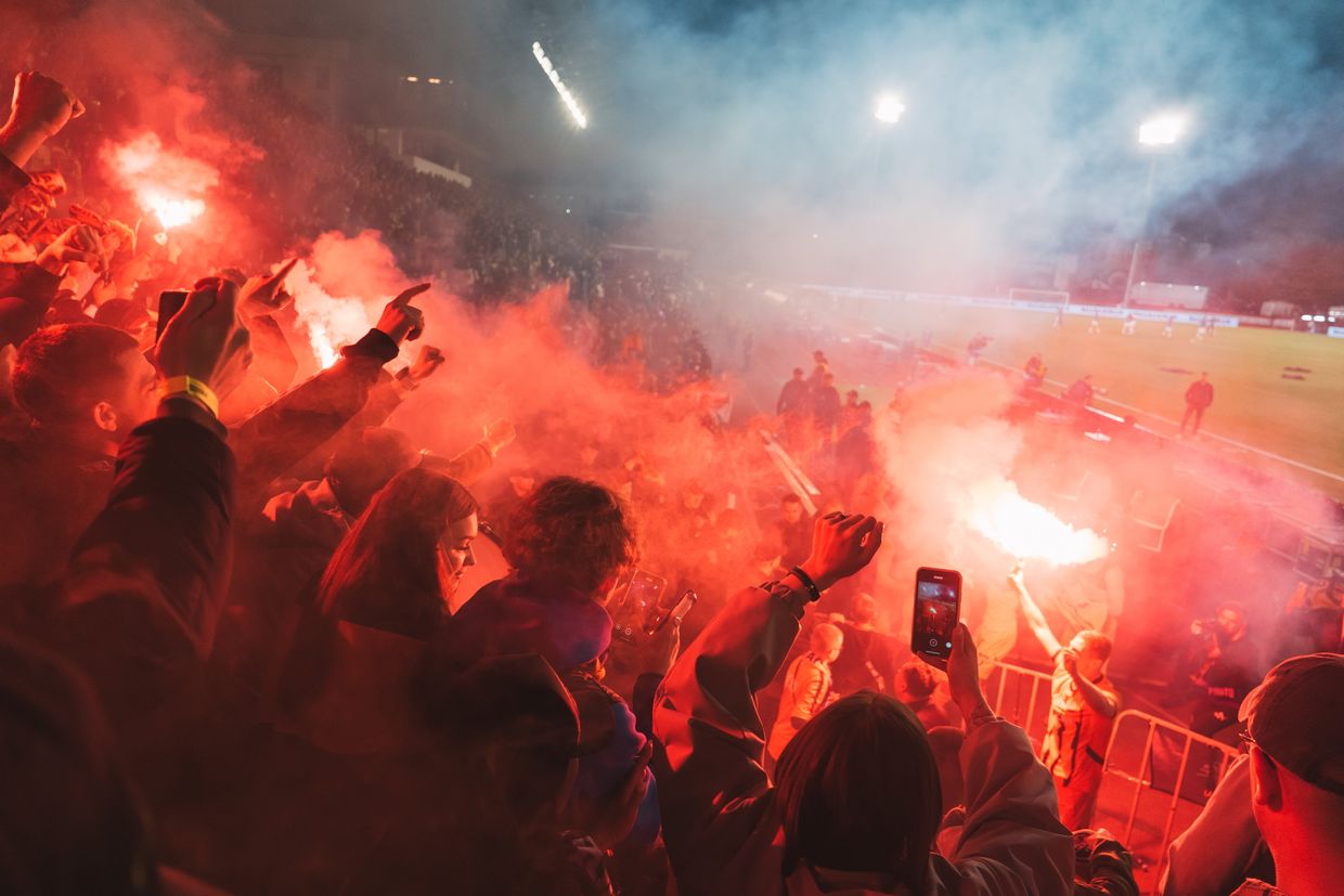 Shakhtar fans celebrate their team’s Ukrainian Cup final victory over Dynamo in Zhytomyr, Ukraine, on May 14, 2025.