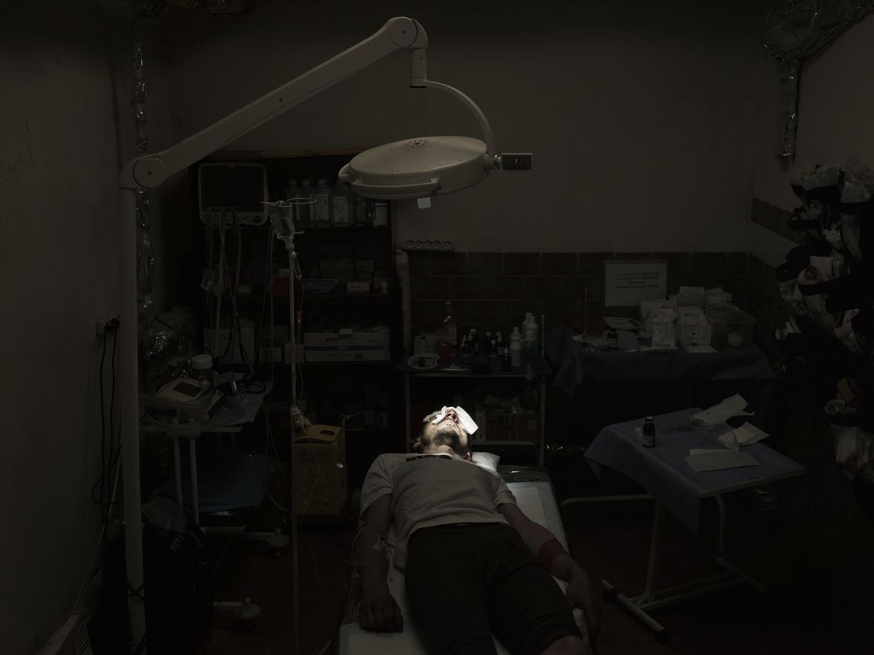 A wounded soldier at a stabilization point in Kharkiv Oblast, Ukraine, in May 2025.