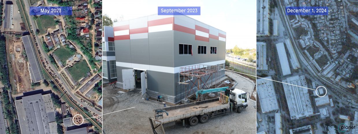 Satellite imagery and footage of another Votkinsk Plant's new building in 2023 and 2024.