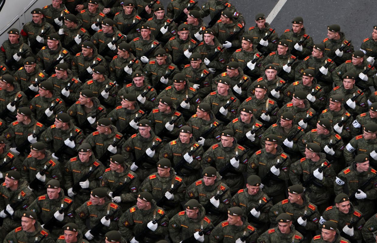 Russian military cadets march during a rehearsal for the Victory Day parade in Moscow, Russia, on May 4, 2023.