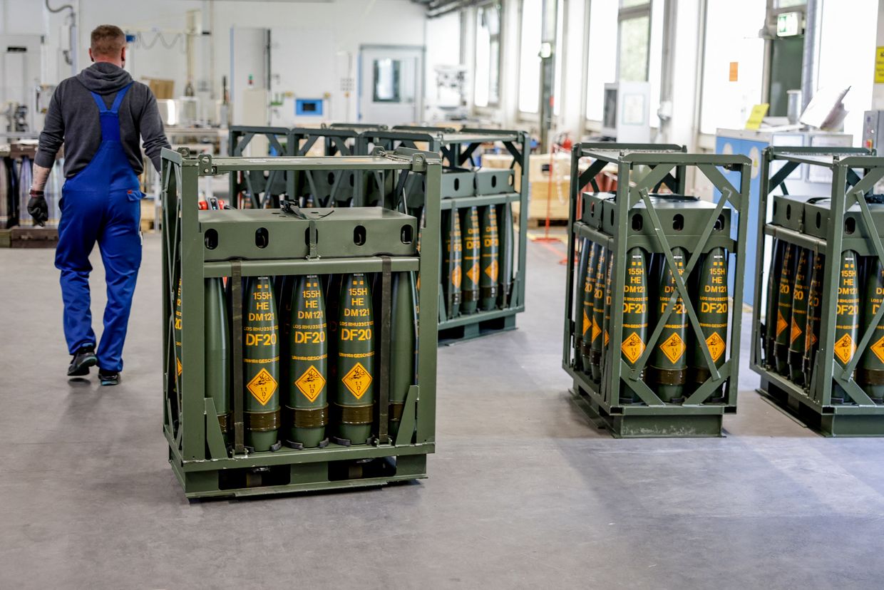 155mm shells for Panzerhaubitze 2000 howitzers bound for Ukraine, at the company’s facility in Unterlüß, northern Germany, on June 6, 2023