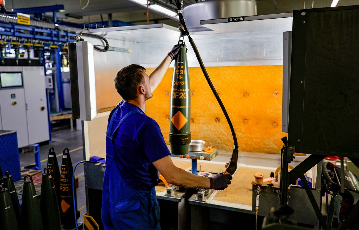 155mm shells for the Panzerhaubitze 2000 howitzer at the company’s facility in Unterlüß, Germany, on June 6, 2023.