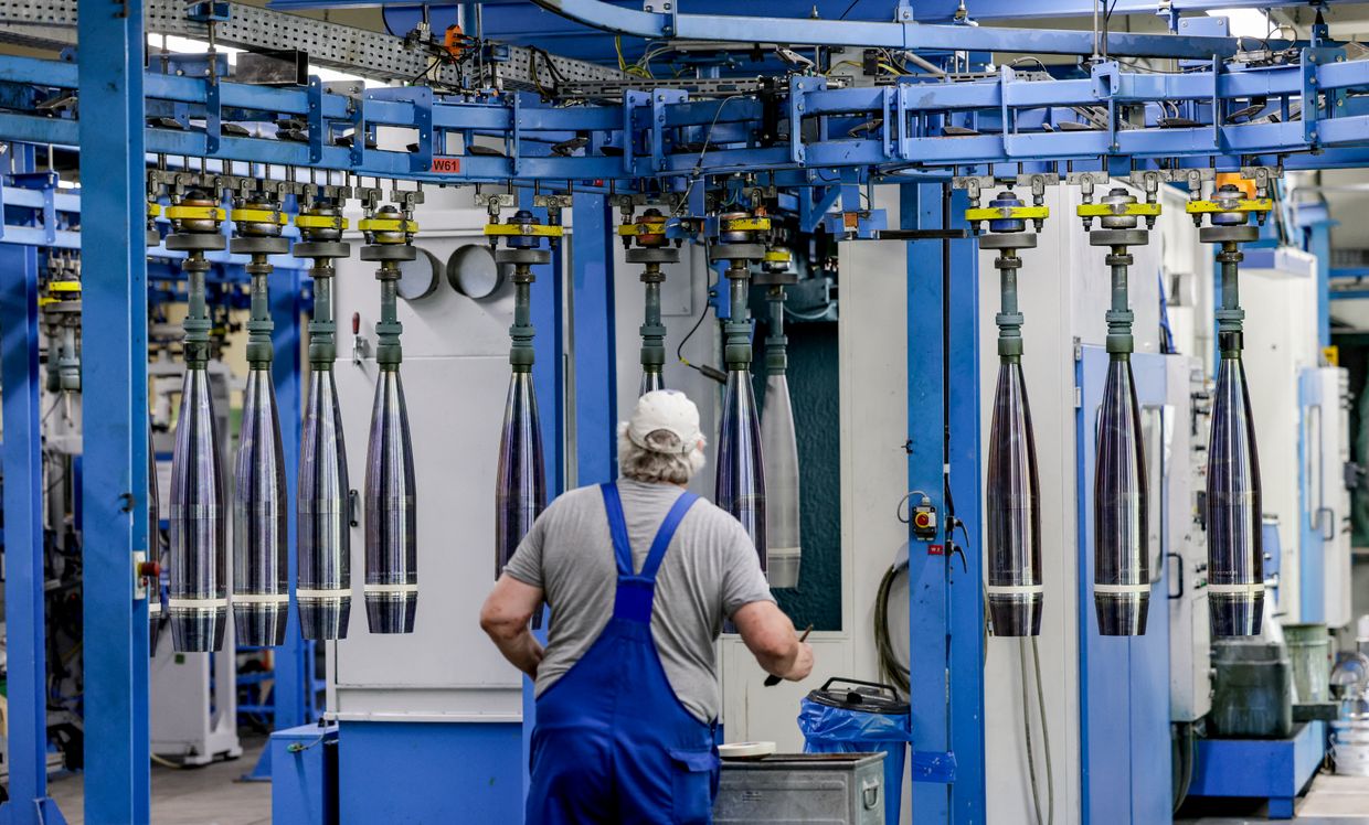 A technician works on 155mm shells for the Panzerhaubitze 2000 howitzer at Rheinmetall’s facility in Unterlüß, Germany, on June 6, 2023.