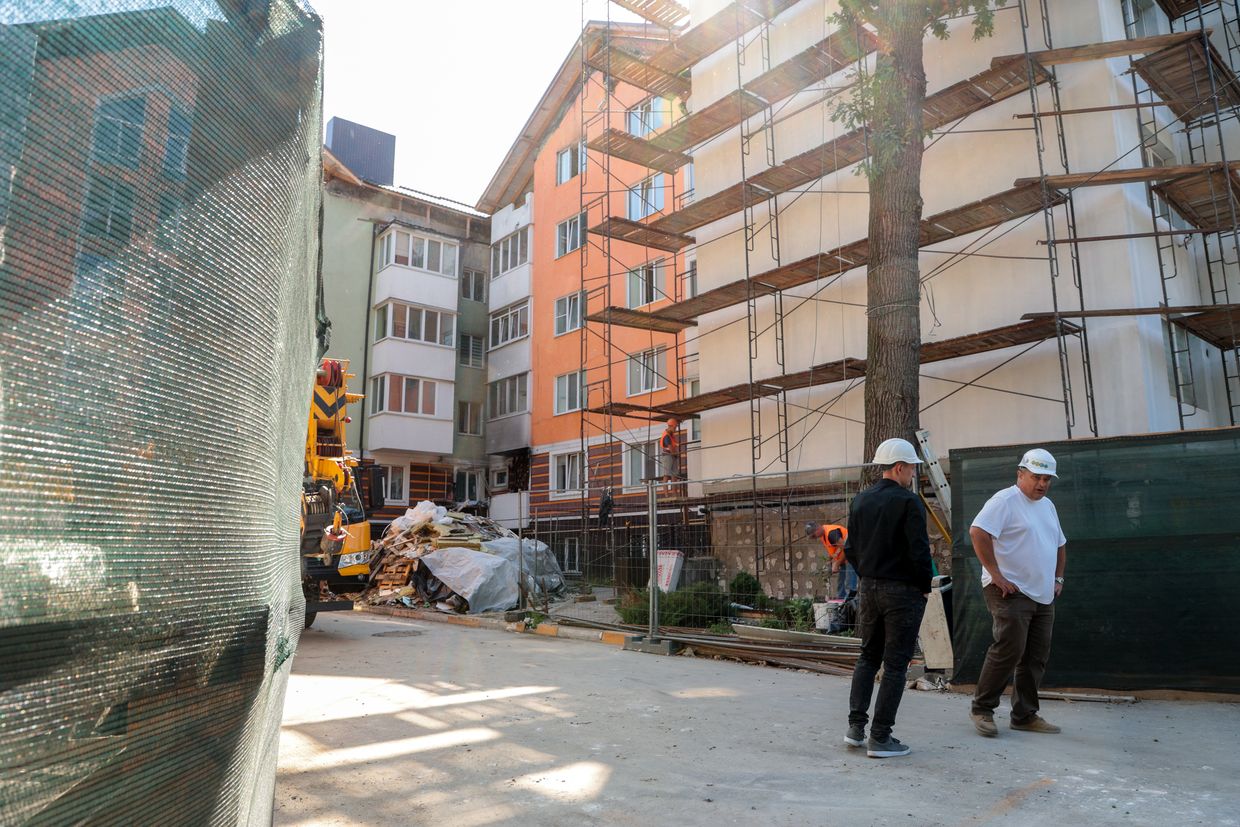 Ukrainian authorities restore residential buildings destroyed by Russian forces in the suburbs of Kyiv, Ukraine, on Aug. 1, 2023. 