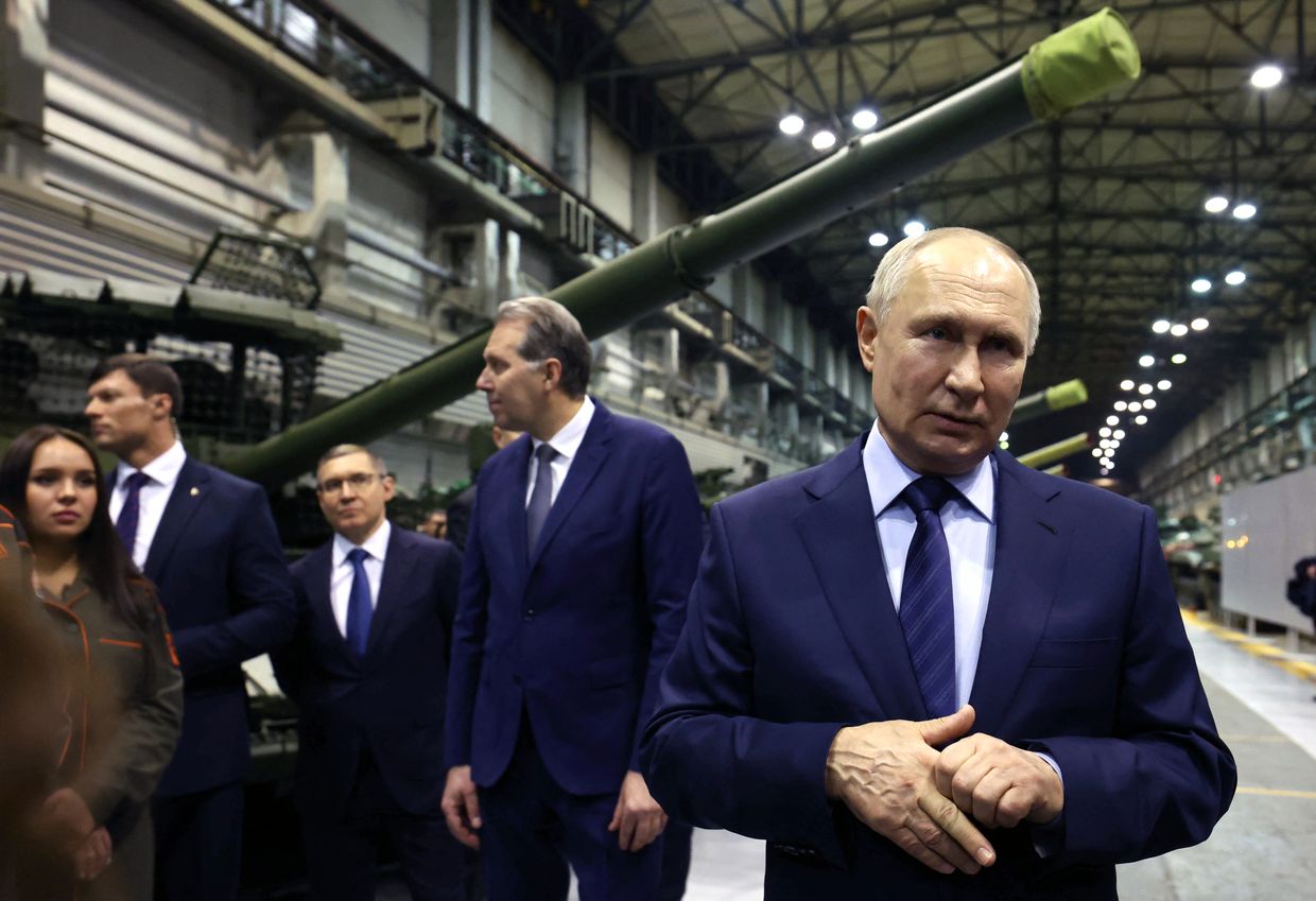 Russia’s President Vladimir Putin visits Uralvagonzavod, the country’s main tank factory, in Nizhny Tagil, Russia, on Feb. 15, 2024.