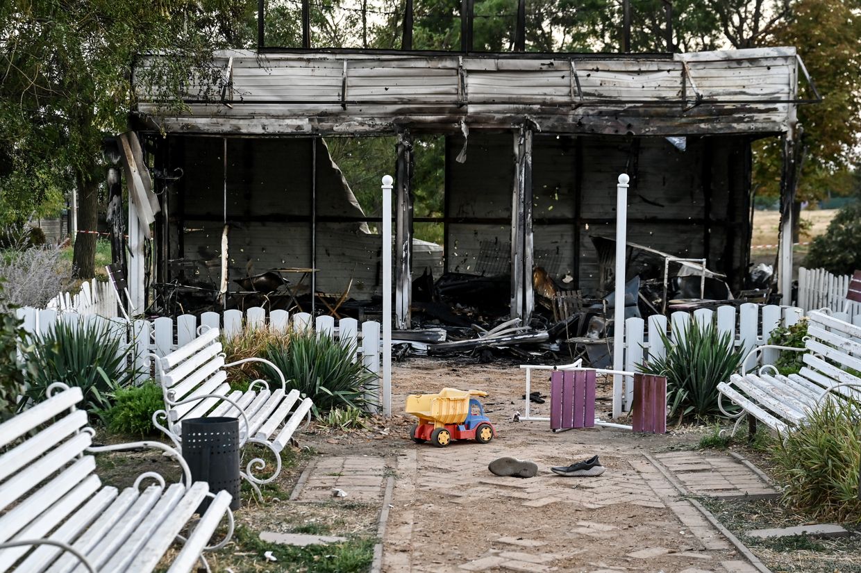 A toy truck lies outside the Levada children’s cafe in the central park, damaged by a Russian artillery shell strike in Malokaterynivka village, Zaporizhzhia Oblast, Ukraine, on Aug. 20, 2024.