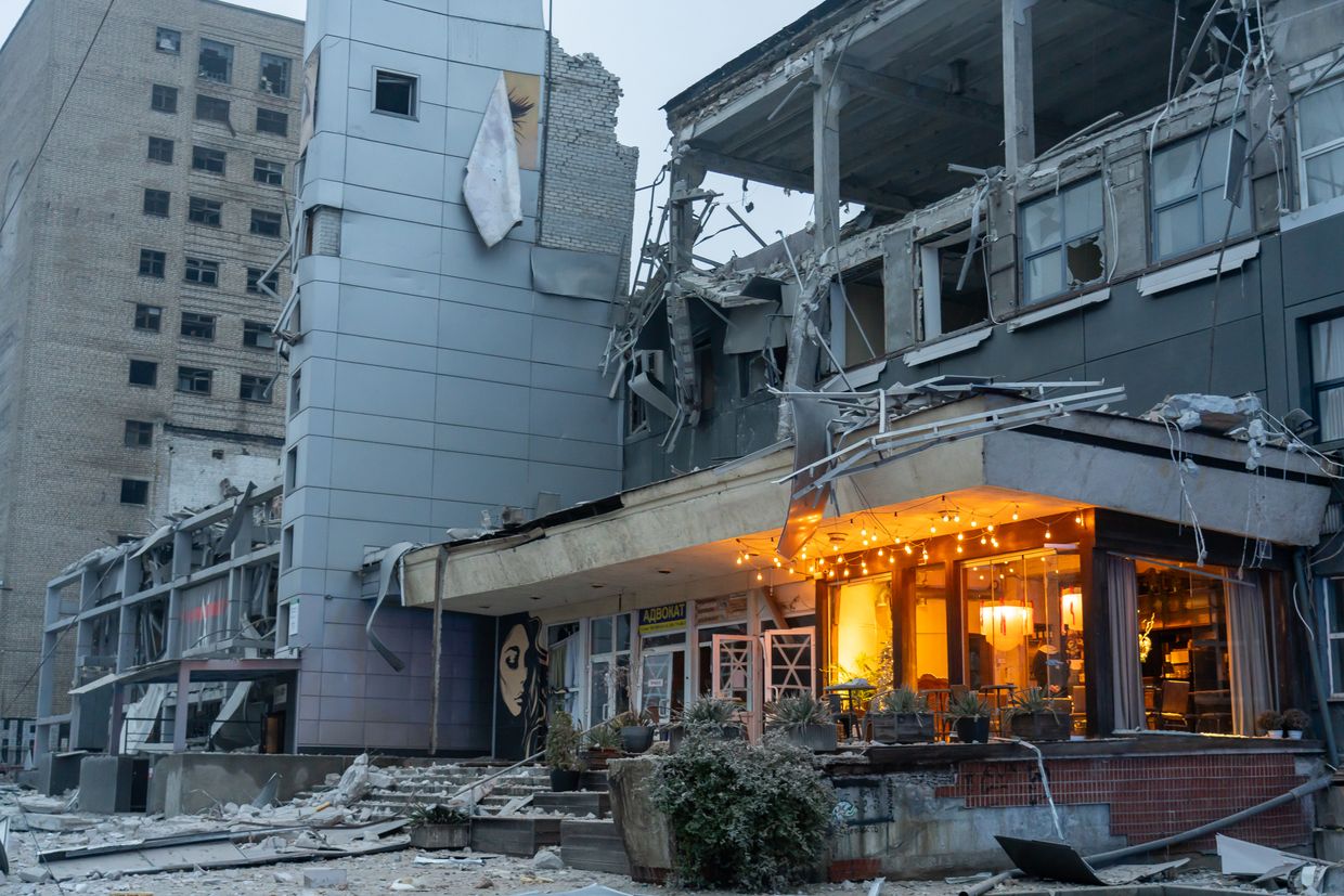 Cafè operating in a destroyed building after the Russian attack on Zaporizhzhia, Ukraine, on Dec. 10, 2024