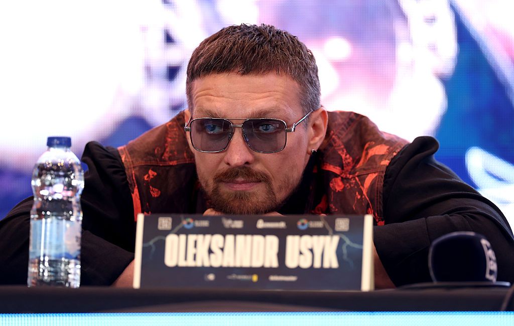 Ukrainian boxer Oleksandr Usyk looks on during a press conference on April 29, 2025 in London, U.K.