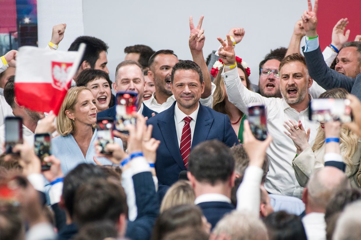 Rafal Trzaskowski, Warsaw’s mayor and Civic Coalition presidential candidate, with his wife Malgorzata at their election night event in Warsaw, Poland, on June 1, 2025. 